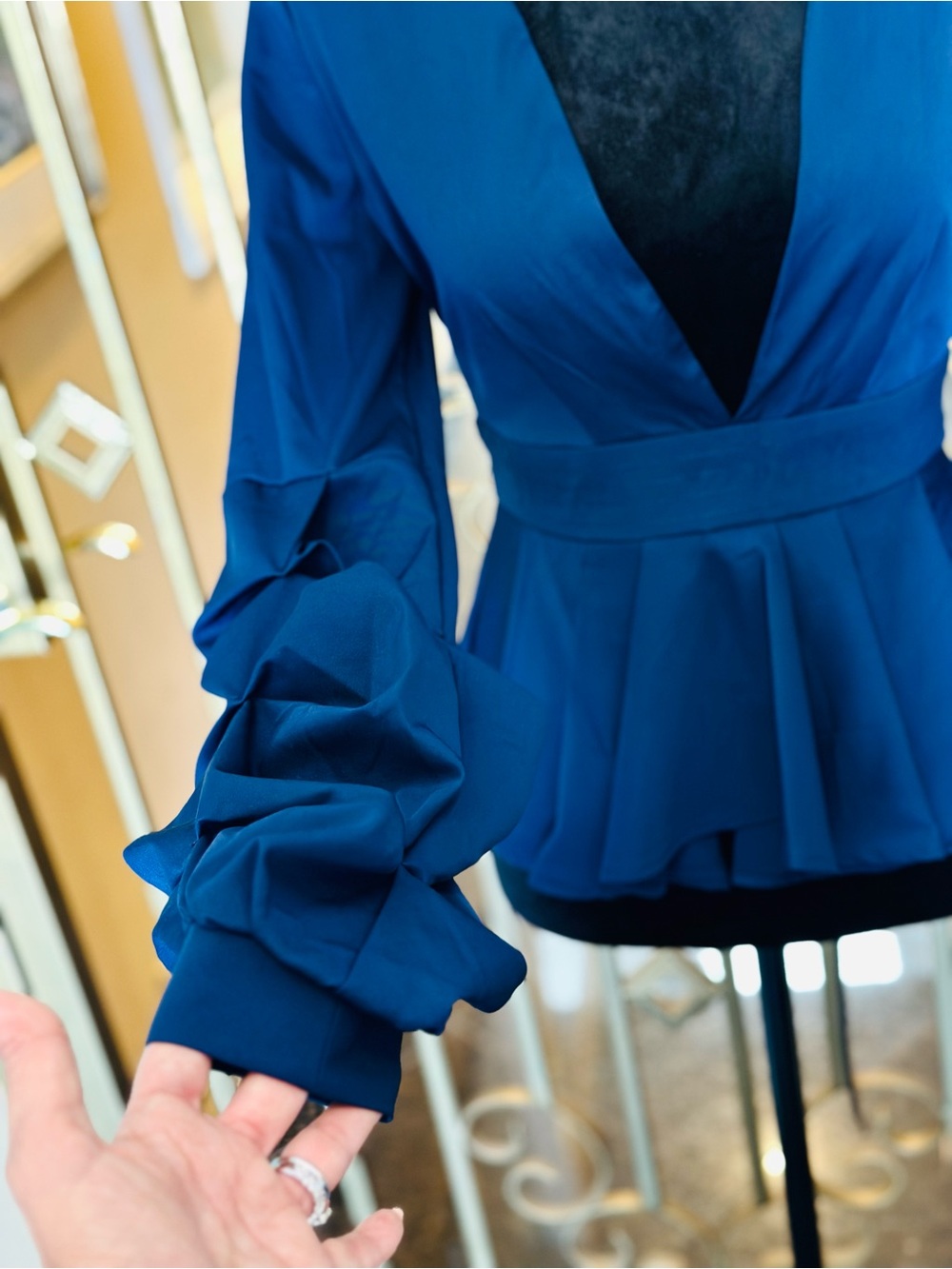 Blue V-Neck Peplum Blouse with Statement Sleeves s:small - Picture 2 of 6